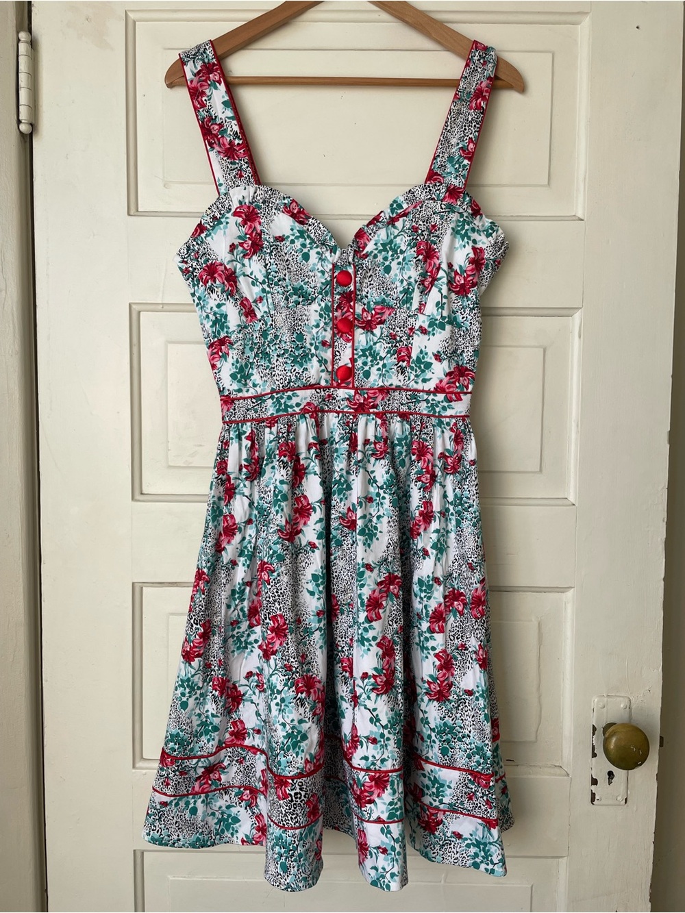 Voodoo Vixen White Mini Dress with Red and Teal Floral Print